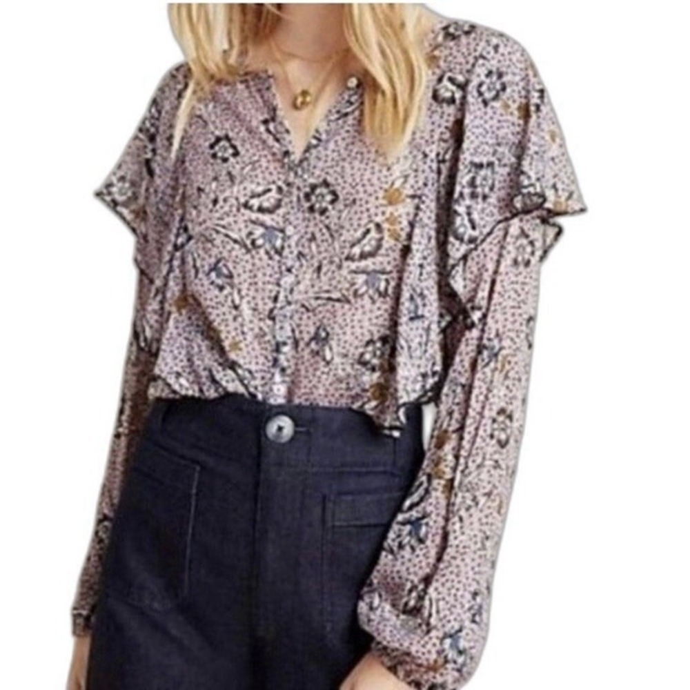 NWT Dolan Anthropologie Ruffle Blouse Womens L Purple Floral Sheer Long Sleeve
